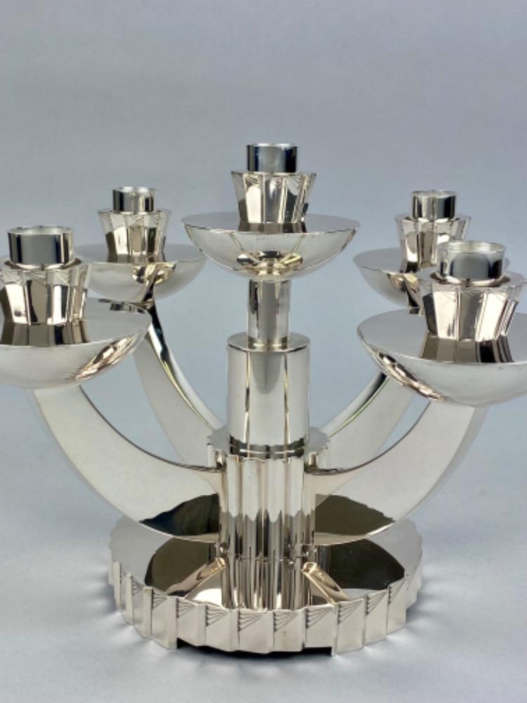 A rare pair of Portuguese Art Deco five-armed candelabra made in solid silver  
