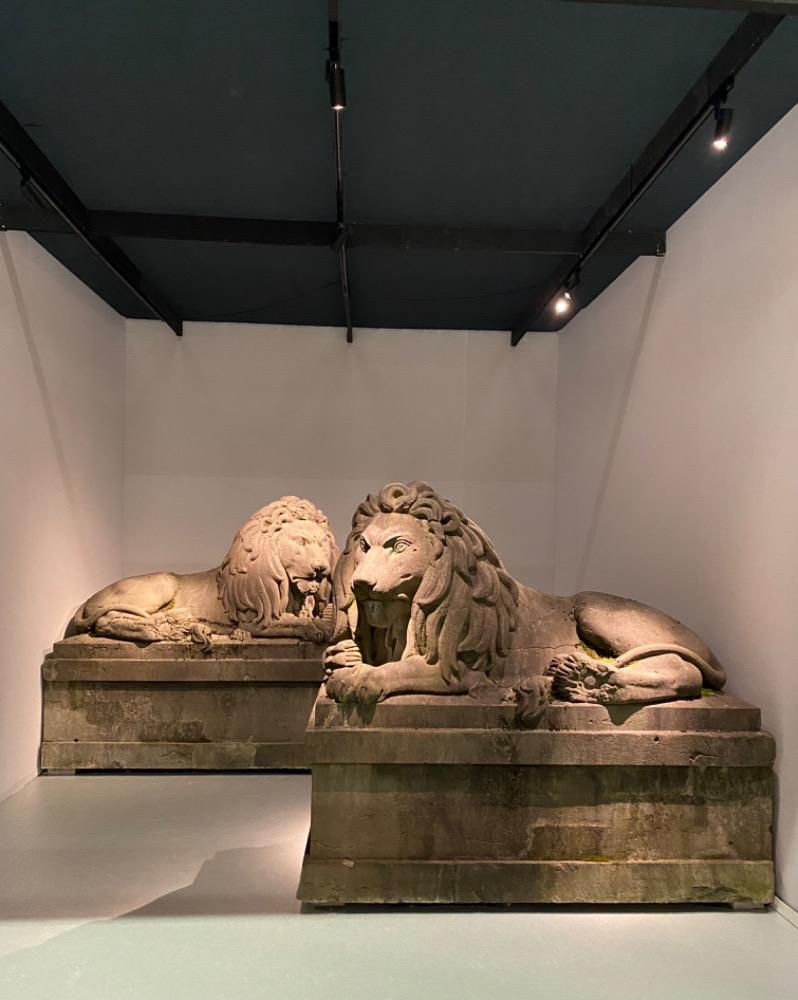 Exceptional pair of 19th century monumental bluestone lions.