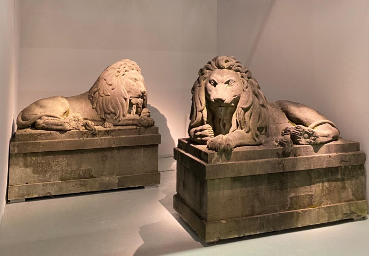 Exceptional pair of 19th century monumental bluestone lions.