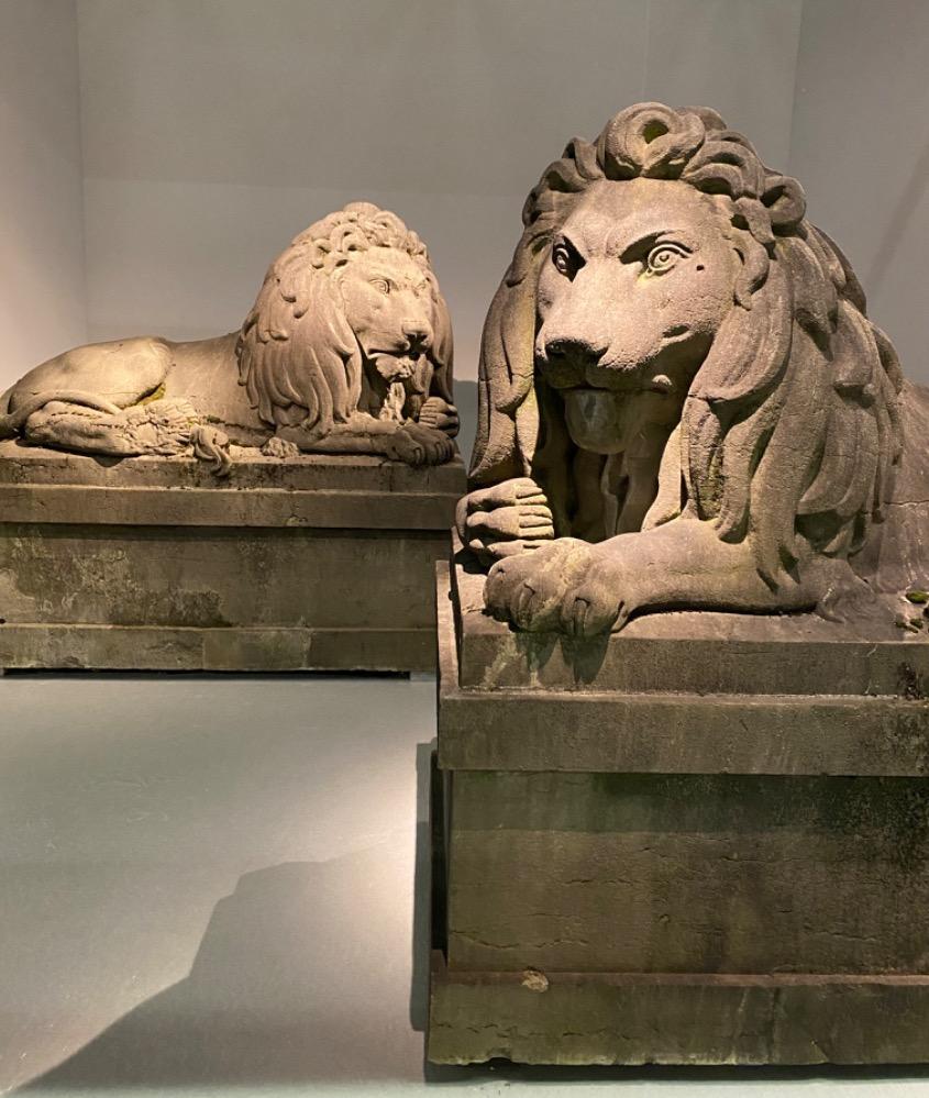 Exceptional pair of 19th century monumental bluestone lions.