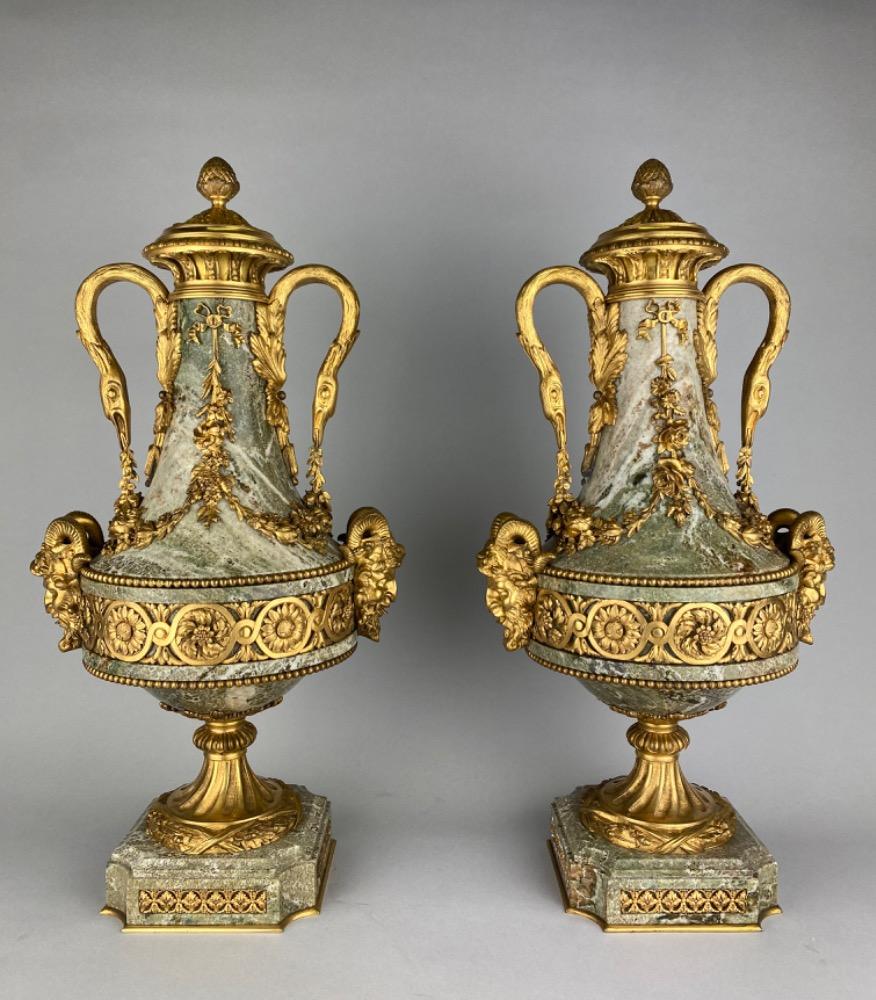 Pair 19th century Louis XVI style marble urns. 