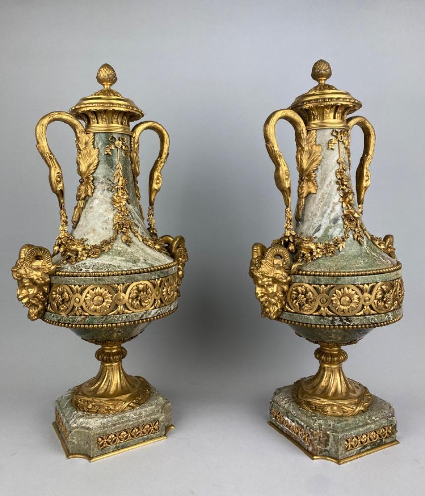 Pair 19th century Louis XVI style marble urns. 