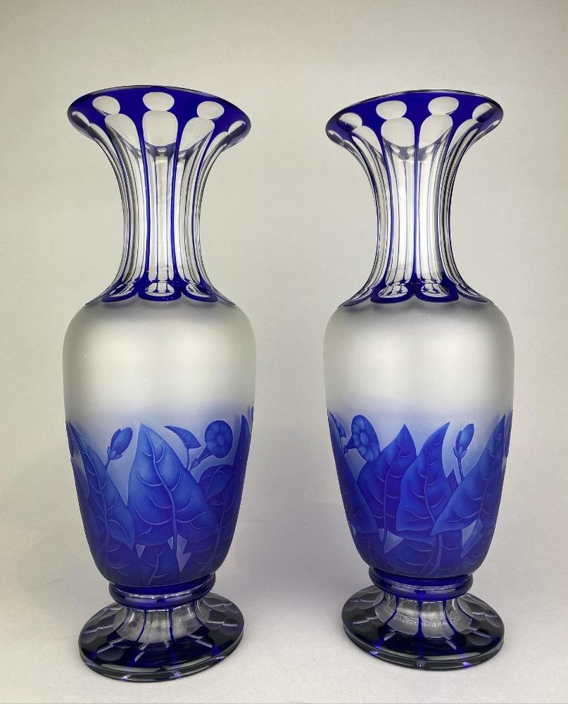 Pair of Art Nouveau double overlay Bohemia crystal vases.